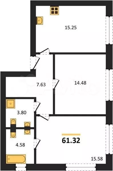 2-к. квартира, 61,3 м, 1/9 эт. - Фото 1