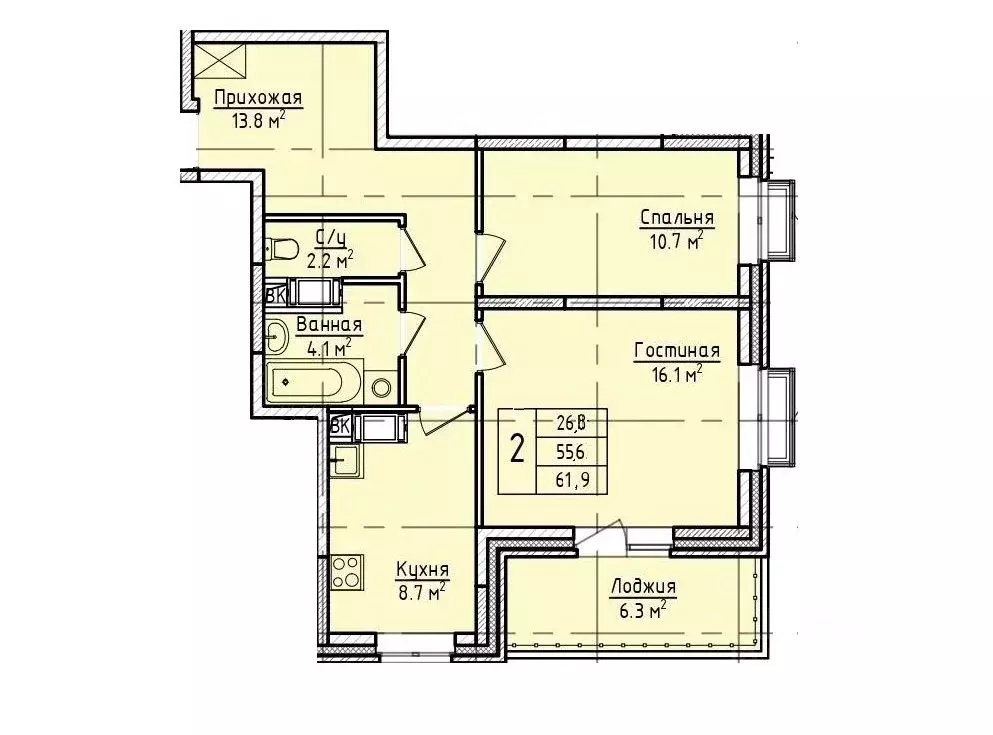 2-к кв. Московская область, Щелково пер. 1-й Советский, 20 (61.9 м) - Фото 1