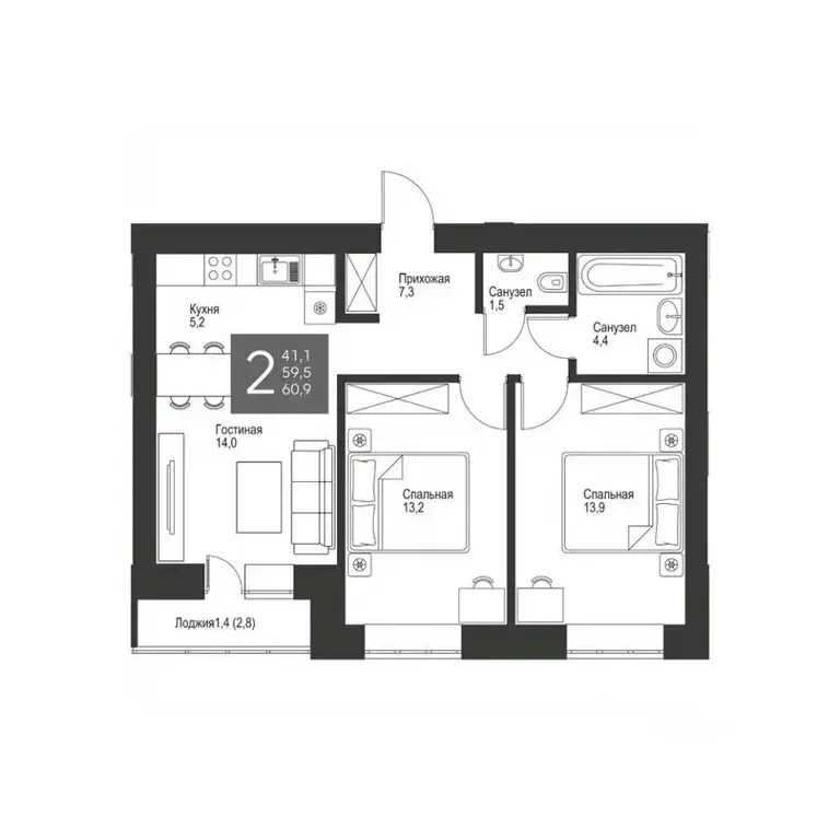 2-к кв. Татарстан, Альметьевск ул. Гафиатуллина, 60 (60.9 м) - Фото 0