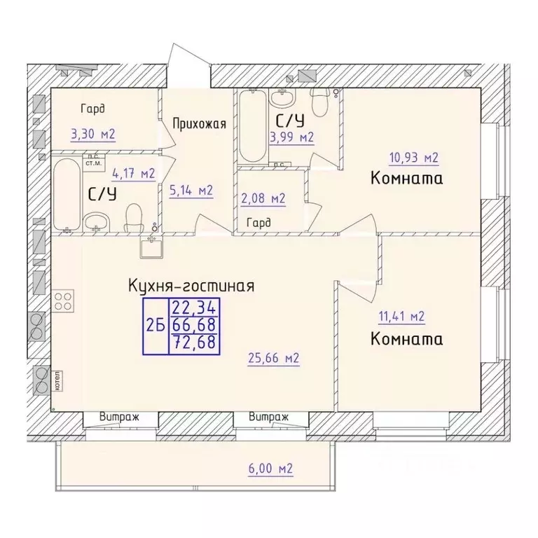 2-к кв. Ярославская область, Ярославль 1-й мкр,  (72.68 м) - Фото 0