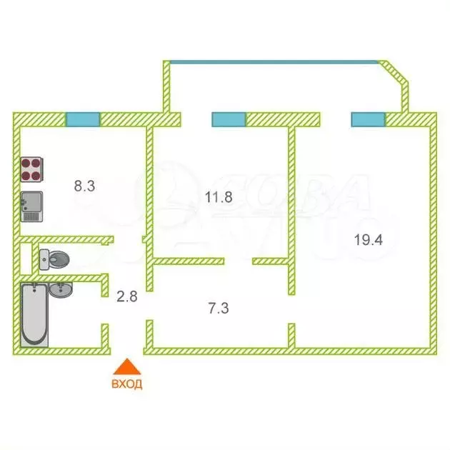 2-к. квартира, 64 м, 4/9 эт. - Фото 1