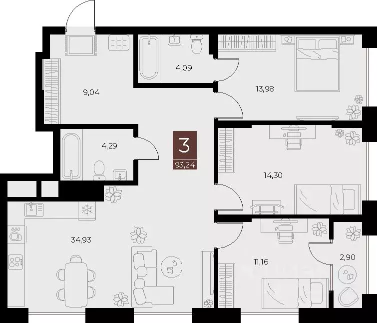 3-к кв. Рязанская область, Рязань ул. Бирюзова, 20с1 (93.24 м) - Фото 1