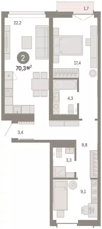 3-комнатная квартира: Тюмень, улица Республики, 205к2 (69.9 м) - Фото 2