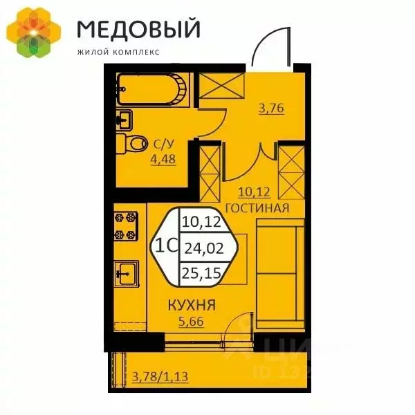 1-к кв. Пермский край, д. Кондратово ул. Н.М. Яблокова, 2 (25.15 м) - Фото 0