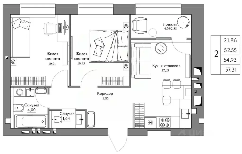 2-к кв. Калужская область, Калуга Жилыеы Острова кв-л,  (57.31 м) - Фото 0