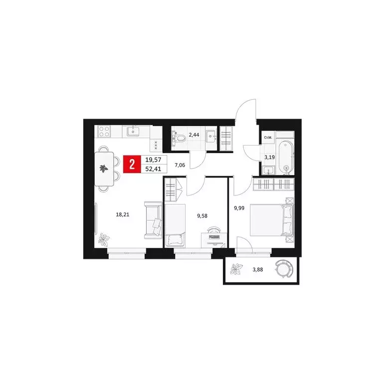 2-комнатная квартира: Уфа, Большая Московская улица, 11 (52.41 м) - Фото 1