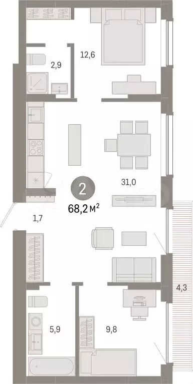 2-к. квартира, 68,2 м, 9/12 эт. - Фото 1