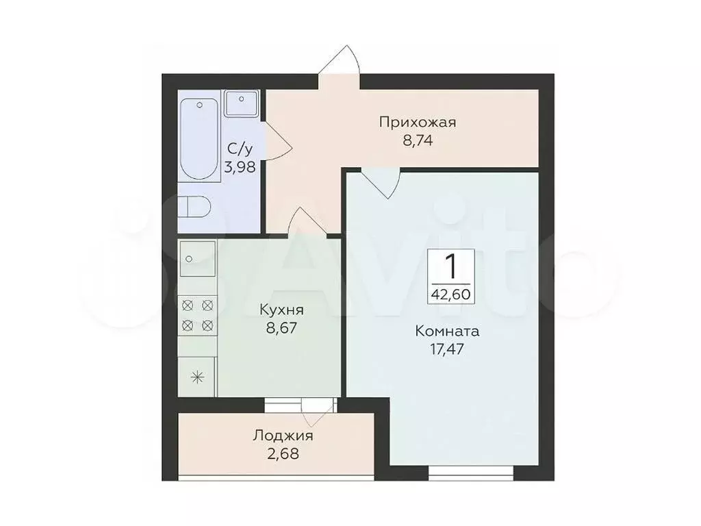1-к. квартира, 42,6 м, 12/16 эт. - Фото 0