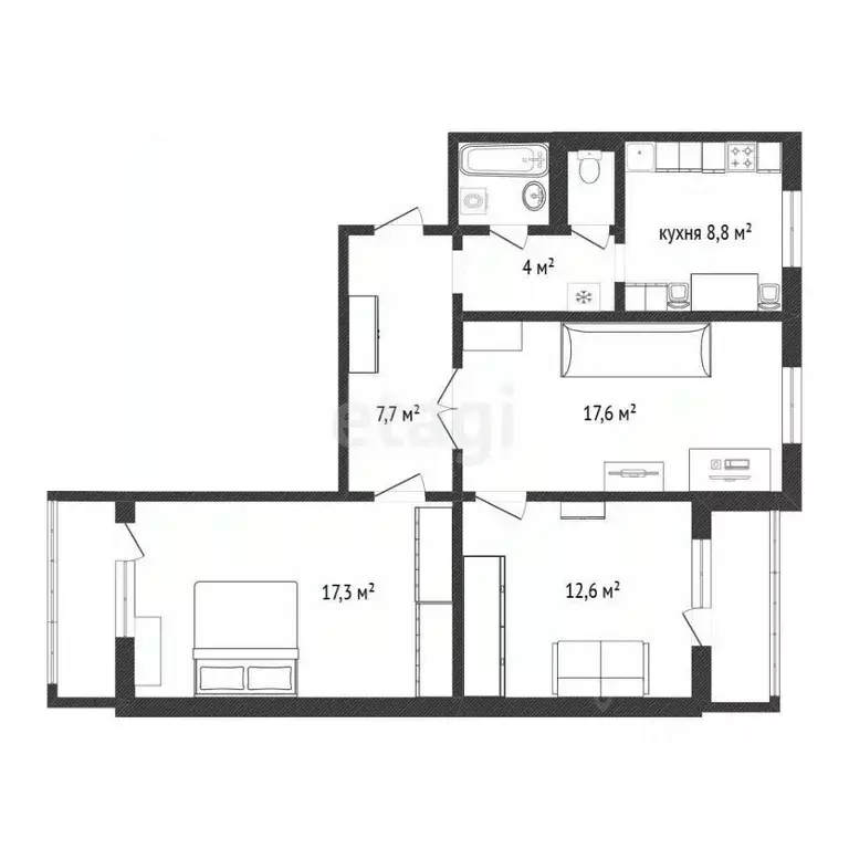 3-к кв. Белгородская область, Белгород ул. Щорса, 62 (71.0 м) - Фото 2