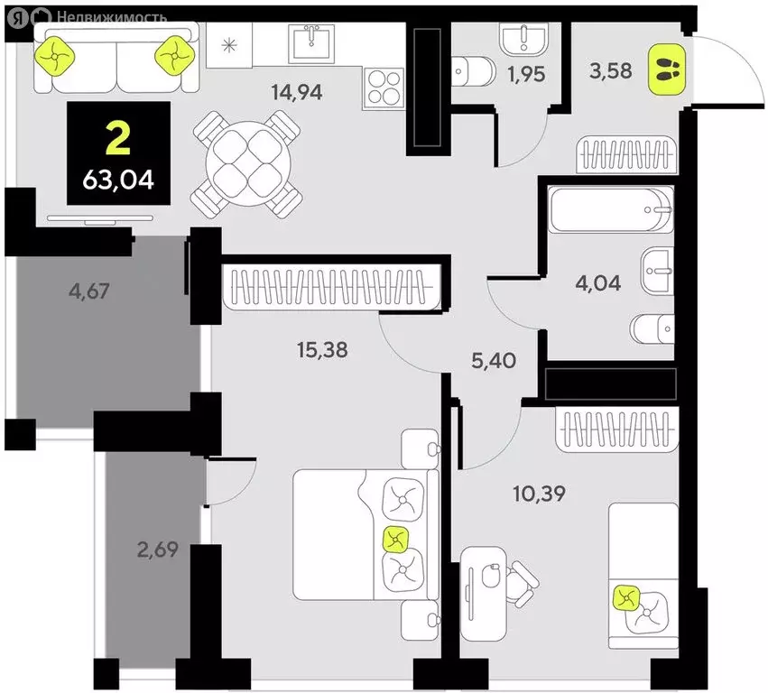 2-комнатная квартира: Тюмень, жилой комплекс Мотивы (63.04 м) - Фото 1