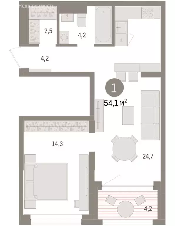 1-комнатная квартира: Тюмень, ЖК Дом у Озера (54.11 м) - Фото 1