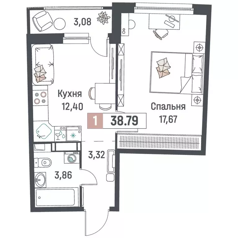 1-комнатная квартира: Мурино, жилой комплекс Авиатор (38.79 м) - Фото 1
