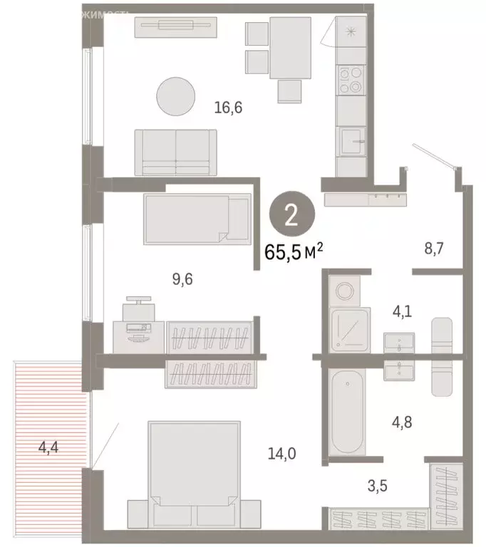 2-комнатная квартира: Омск, Кировский округ (65.48 м) - Фото 1