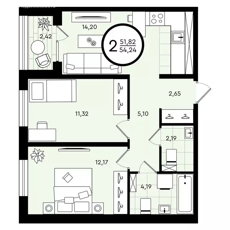 2-комнатная квартира: Тюмень, улица Александра Звягина, 5 (54.24 м) - Фото 0