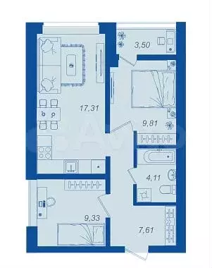 2-к. квартира, 49,9 м, 2/17 эт. - Фото 1