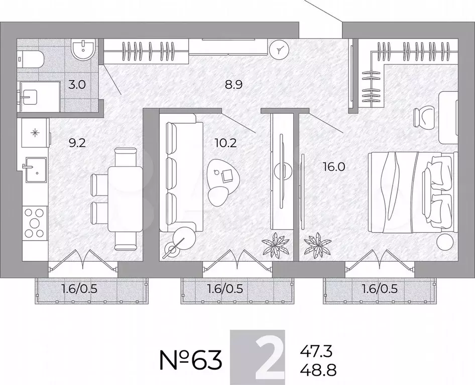2-к. квартира, 48,8 м, 3/4 эт. - Фото 0