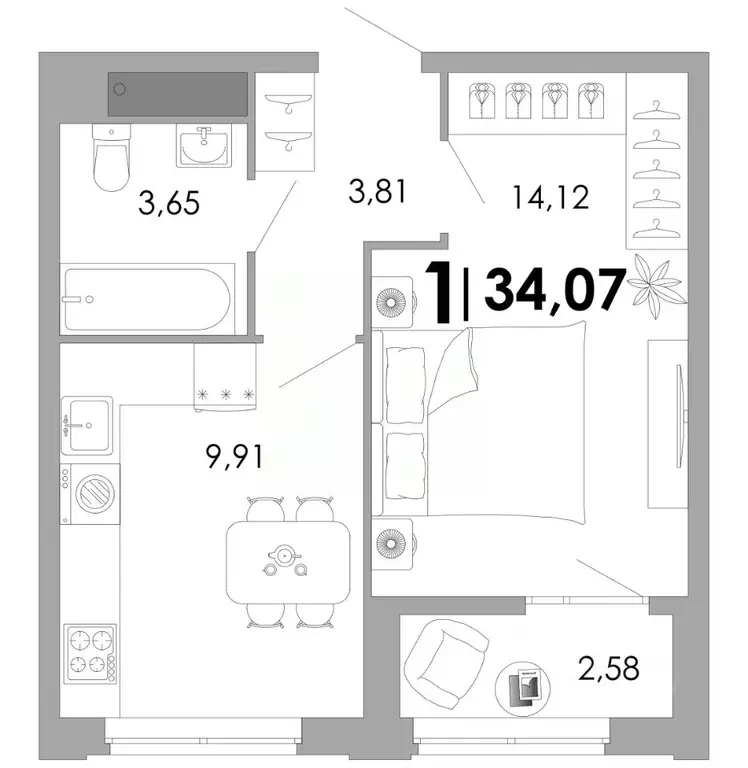 1-к кв. Владимирская область, Владимир Уно жилой комплекс (34.07 м) - Фото 1