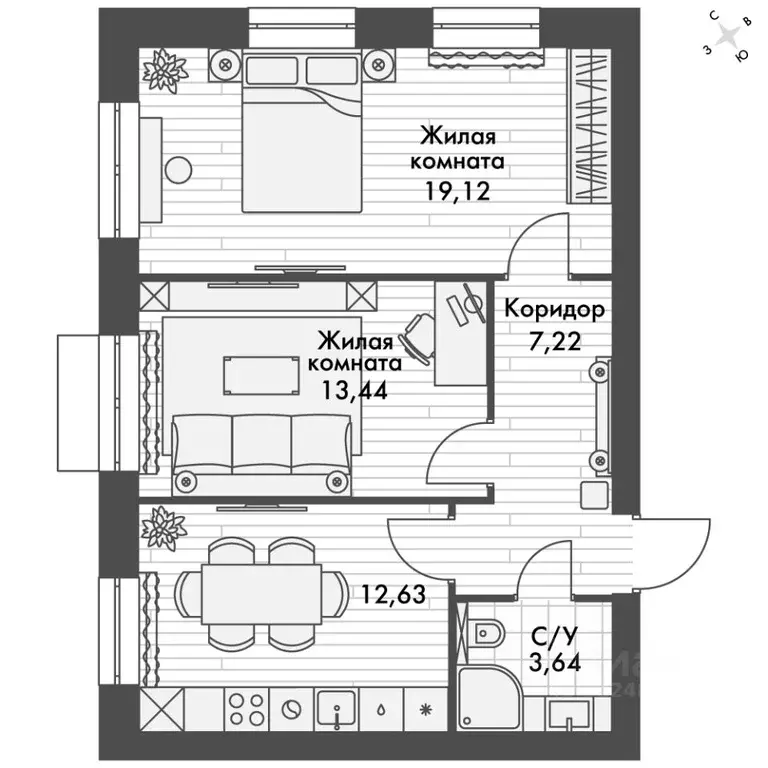 2-к кв. Татарстан, Зеленодольский район, Октябрьское с/пос, пос. ... - Фото 2