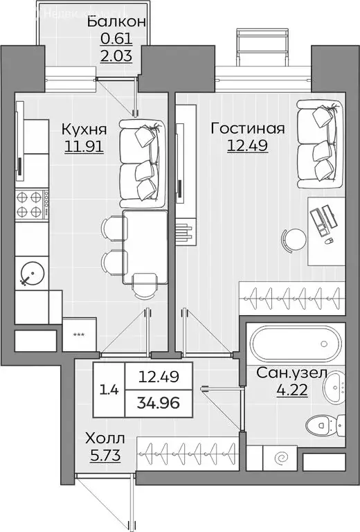1-комнатная квартира: Казань, ЖК Батталовский (34.96 м) - Фото 0