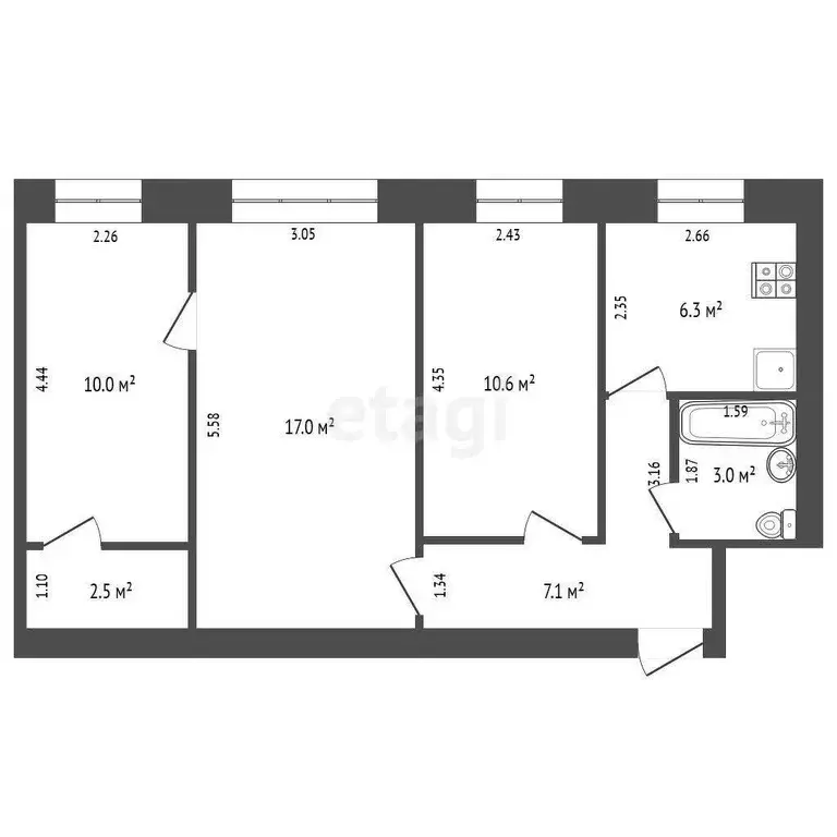 Квартира, 3 комнаты, 56.5 м - Фото 1