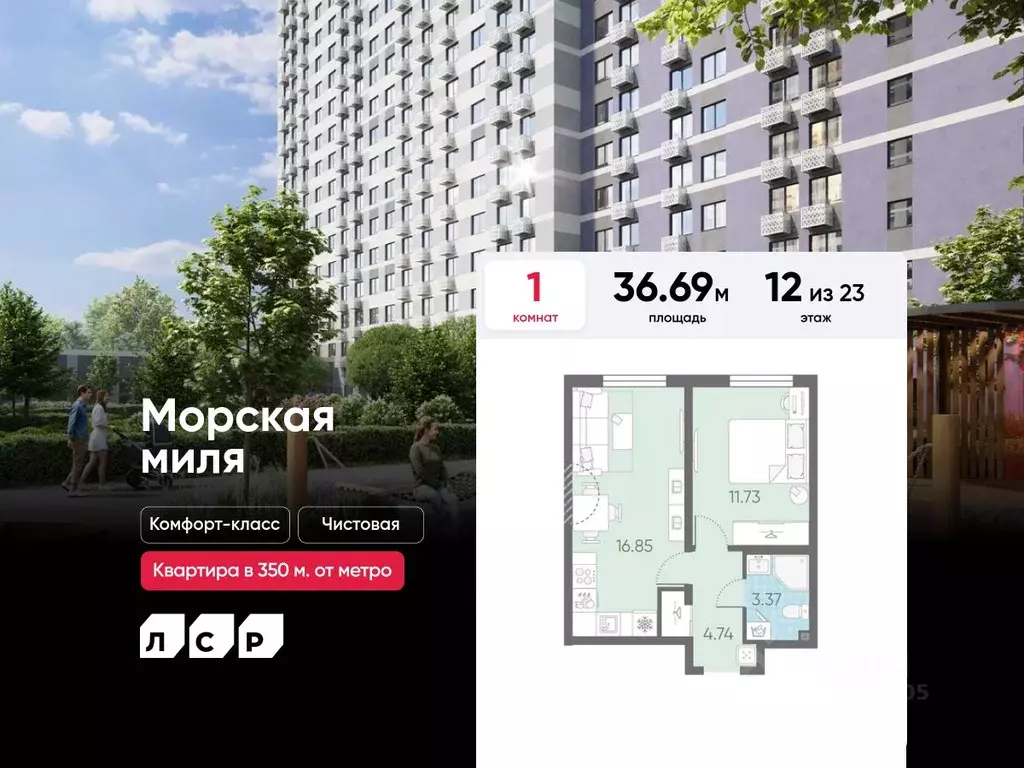 1-к кв. Санкт-Петербург Морская миля жилой комплекс (36.69 м) - Фото 0