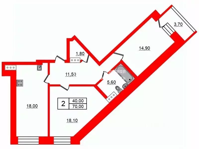 2-к кв. Санкт-Петербург Кондратьевский просп., 62к7 (70.0 м) - Фото 2