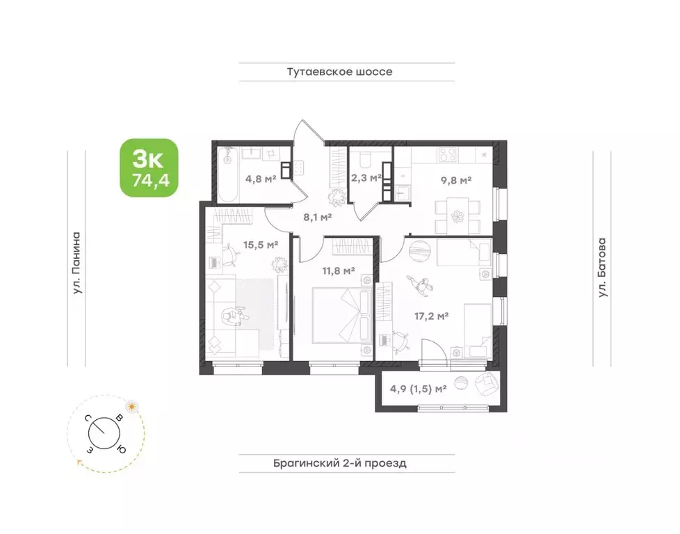 3-к кв. Ярославская область, Ярославль Тутаевское ш., 93Б (71.0 м) - Фото 1