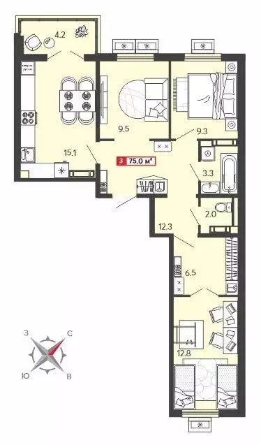 Квартира, 3 комнаты, 75 м - Фото 0
