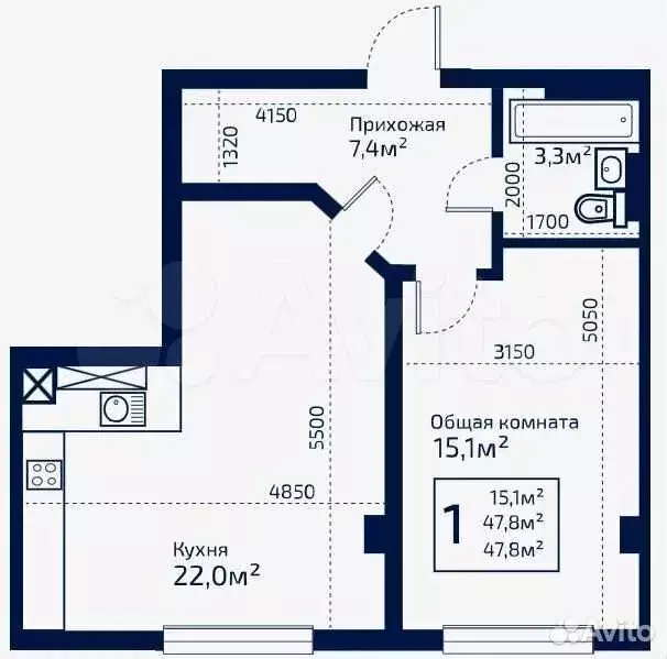 1-к. квартира, 44,6 м, 2/9 эт. - Фото 0