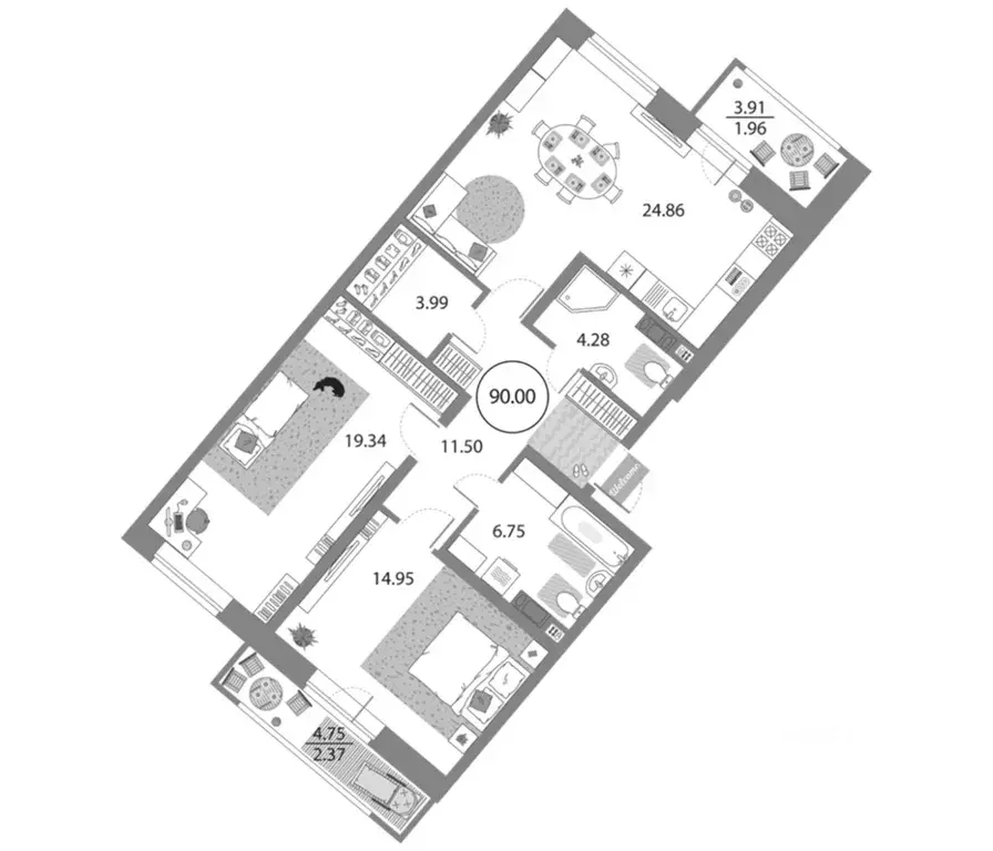 2-к кв. Санкт-Петербург просп. Авиаконструкторов, 54 (90.0 м) - Фото 1