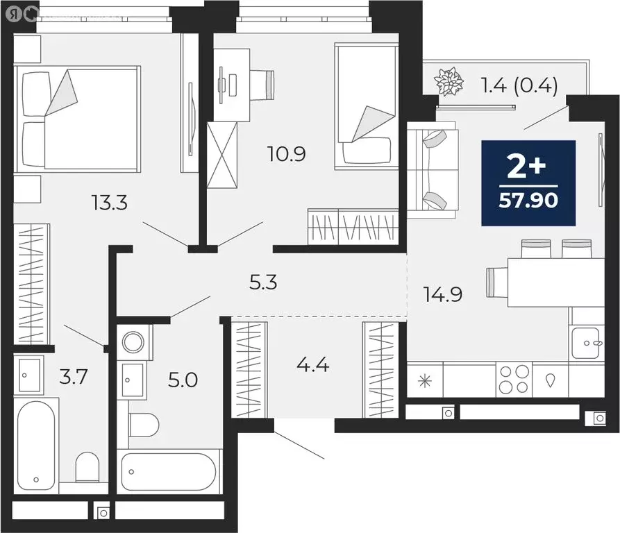 2-комнатная квартира: Тюмень, проезд Капитана Куликова, 5 (58.9 м) - Фото 1