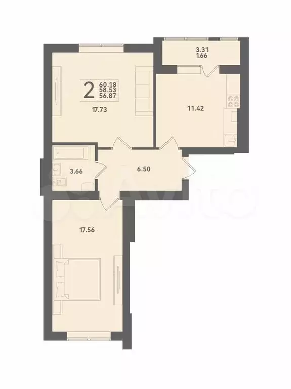 2-к. квартира, 58,5 м, 2/4 эт. - Фото 1