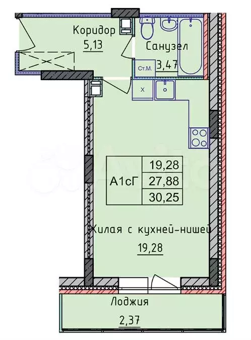 Квартира-студия, 30,3 м, 4/8 эт. - Фото 0