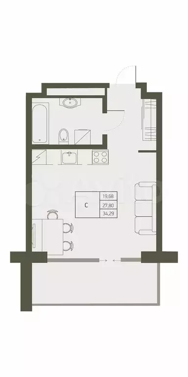 Квартира-студия, 34,3 м, 5/22 эт. - Фото 0