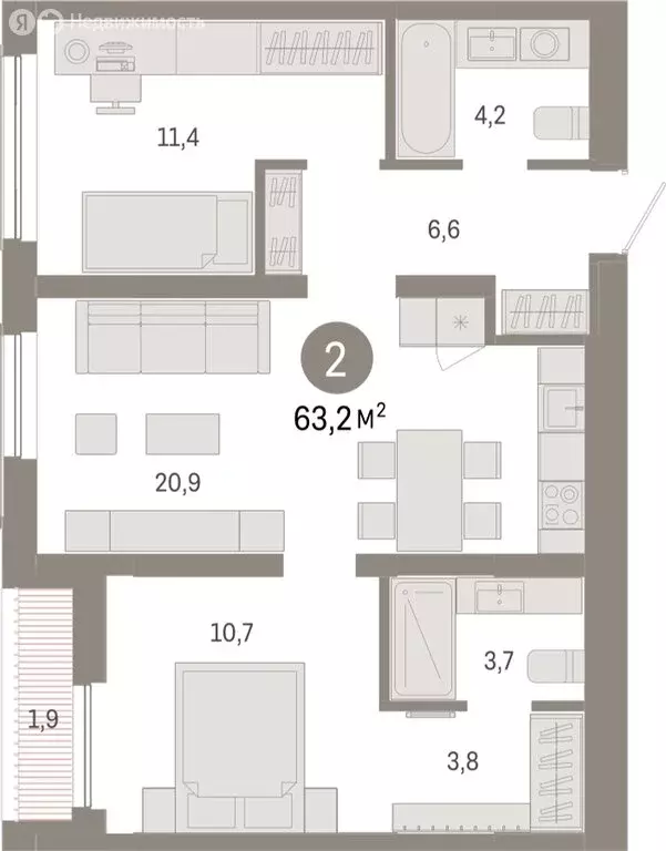 2-комнатная квартира: Новосибирск, Большевистская улица, с49 (63.18 м) - Фото 1