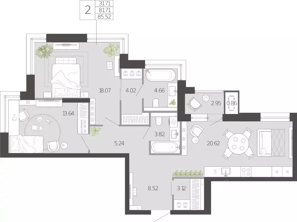 2-к кв. Тульская область, Тула ул. Фридриха Энгельса, 74 (85.52 м) - Фото 2