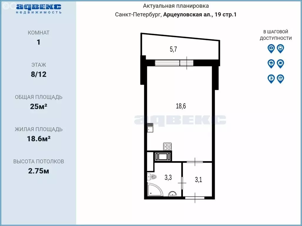 Квартира-студия: Санкт-Петербург, Арцеуловская аллея, 19 (25 м) - Фото 2