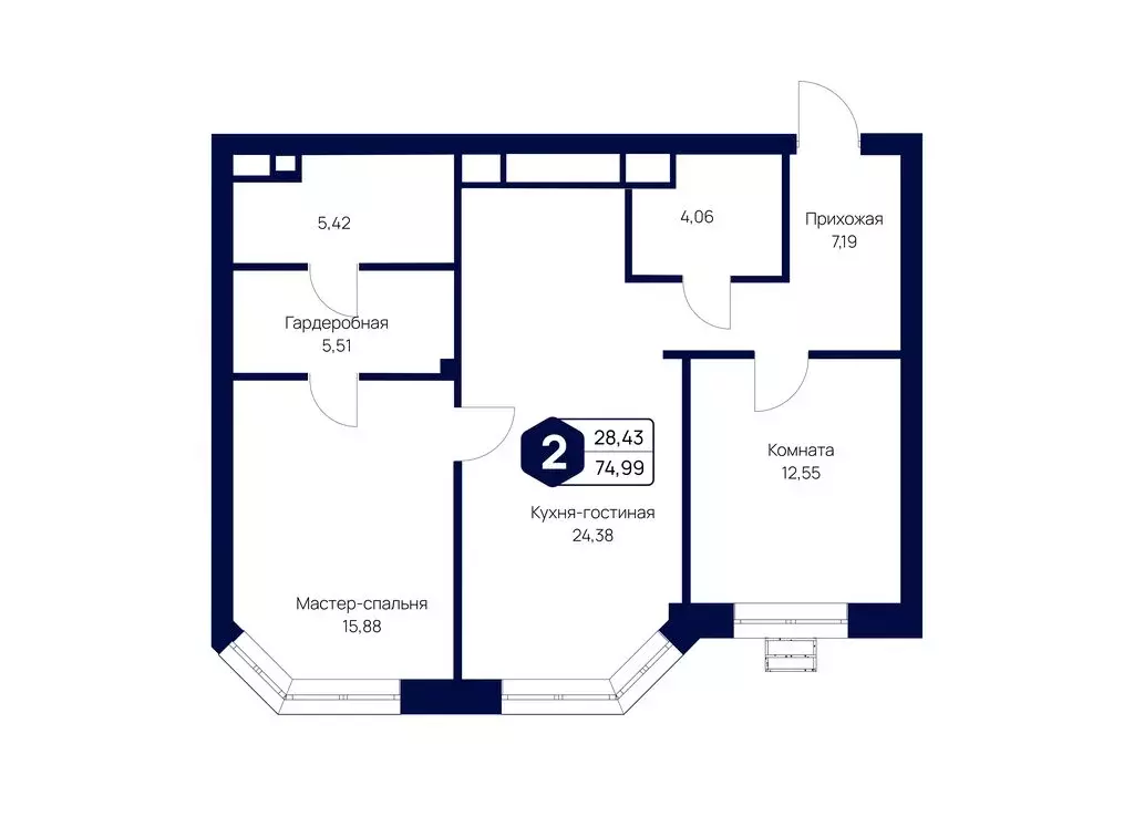 2-комнатная квартира: село Озерецкое, квартал Дружба (74.99 м) - Фото 2