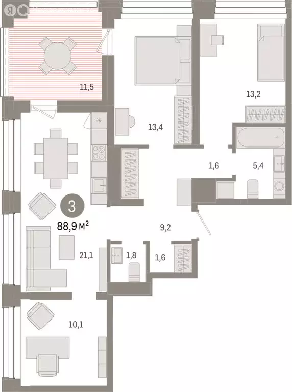 3-комнатная квартира: Тюмень, улица Муравленко, 9/2 (88.87 м) - Фото 1