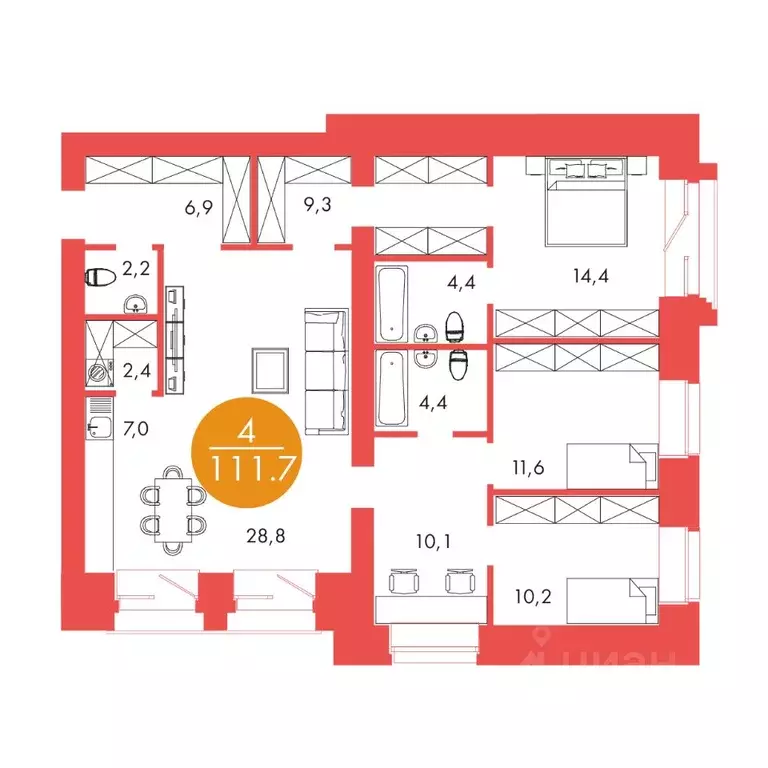 4-к кв. Красноярский край, Красноярск ул. Шахтеров, 33А (111.7 м) - Фото 0