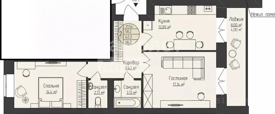 1-к кв. Марий Эл, Волжск ул. Кабанова, 10 (66.2 м) - Фото 2