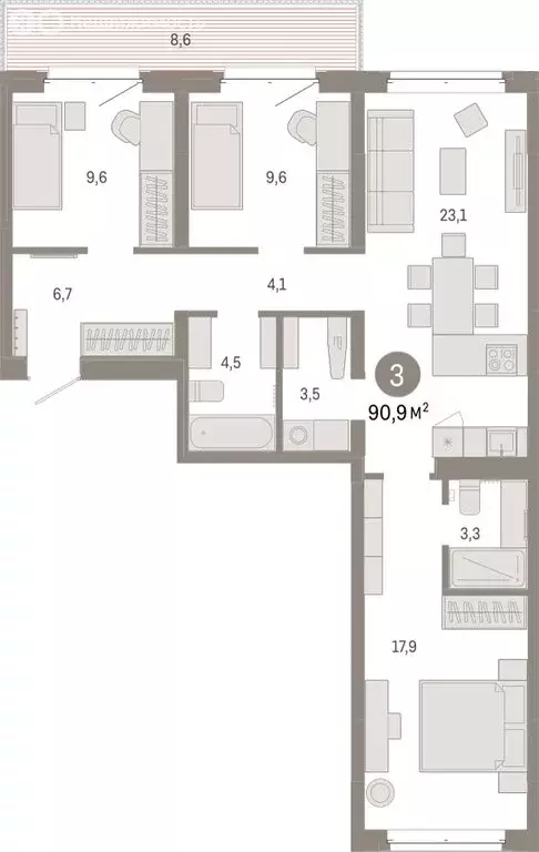 3-комнатная квартира: Тюмень, жилой комплекс На Минской (90.87 м) - Фото 1