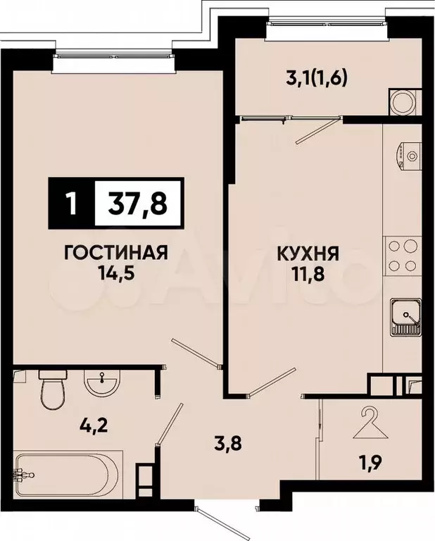 1-к. квартира, 37,8 м, 8/13 эт. - Фото 0