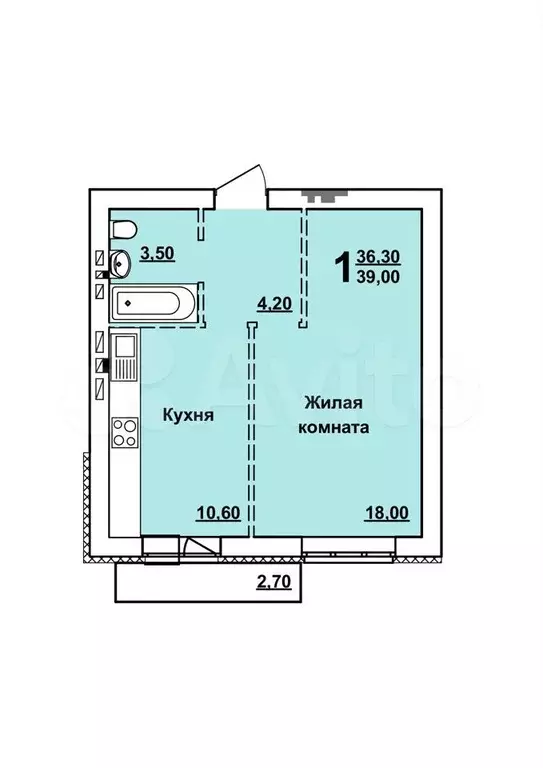 1-к. квартира, 39 м, 7/10 эт. - Фото 0