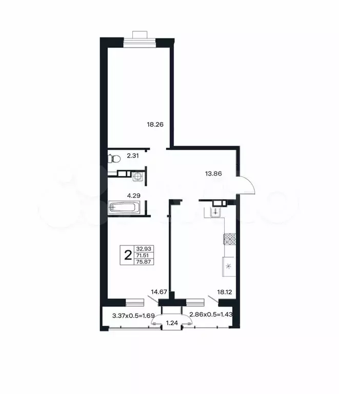 2-к. квартира, 75,9 м, 12/12 эт. - Фото 1