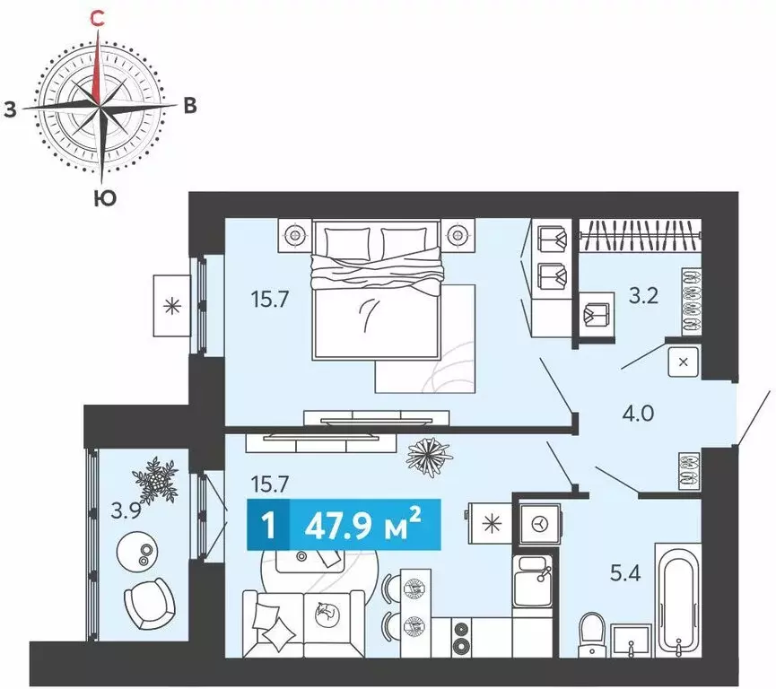 1-комнатная квартира: Засечное, микрорайон Город Спутник (47.9 м) - Фото 1