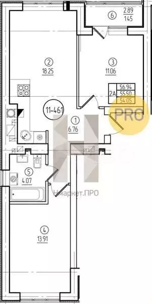 2-к. квартира, 55,5 м, 5/9 эт. - Фото 1