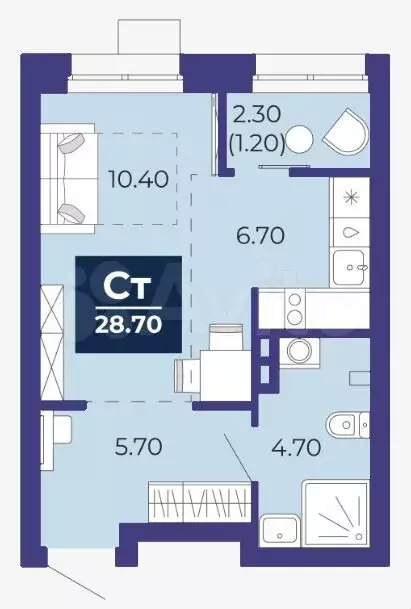 Квартира-студия, 28,7 м, 2/22 эт. - Фото 1