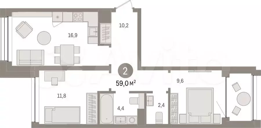 2-к. квартира, 59м, 4/8эт. - Фото 1