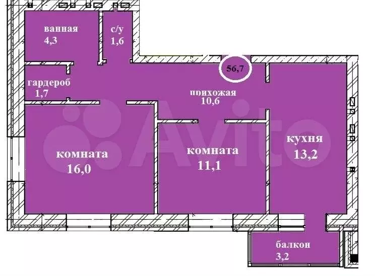 2-к. квартира, 56,5 м, 2/4 эт. - Фото 0